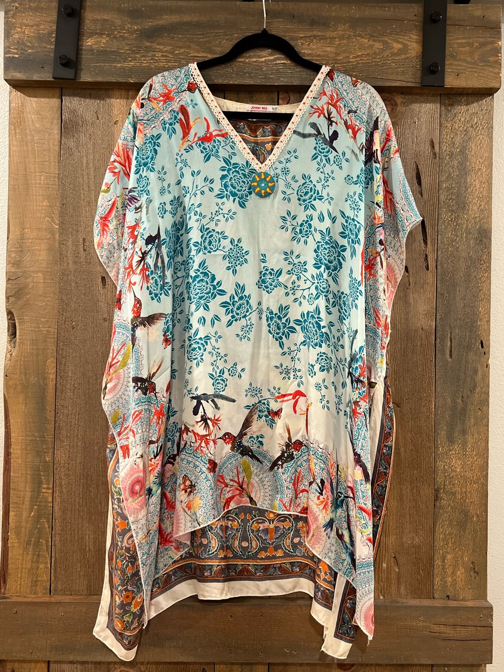 Johnny Was 100% Silk Beaded Neckline Kaftan Tunic Top Floral Hummingbird Boho